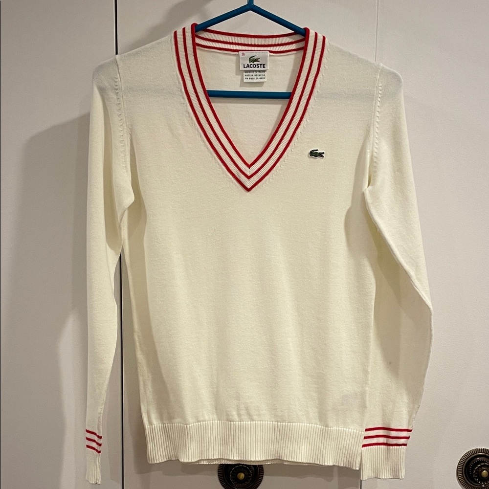 Lacoste Cream V-Neck Sweater with Red Stripes